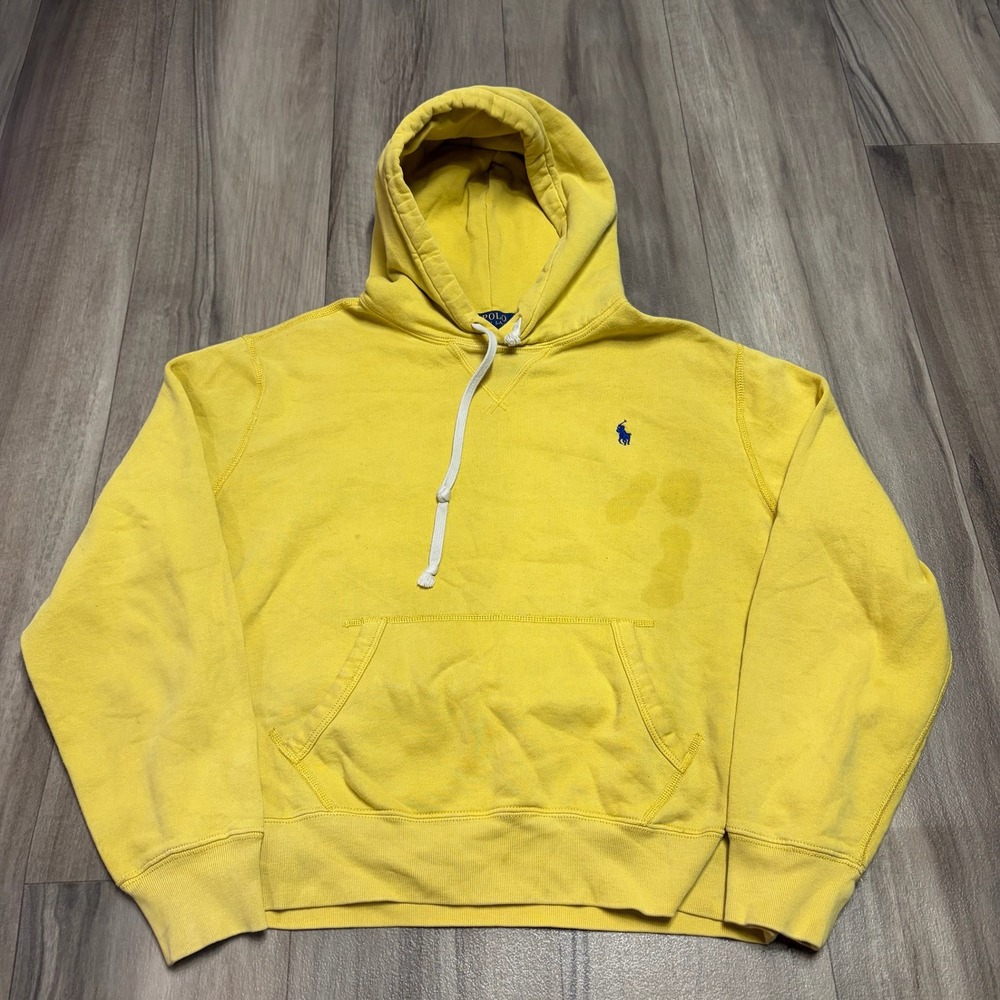 Polo Ralph Lauren Mens Yellow Pullover Hoodie Blue Pony Logo Size M Medium